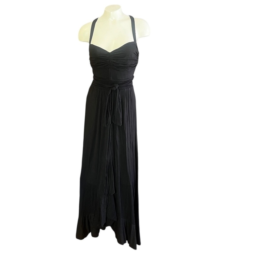 Mauve Black Ruched Bodice Maxi Dress with Tie Waist Ruffle